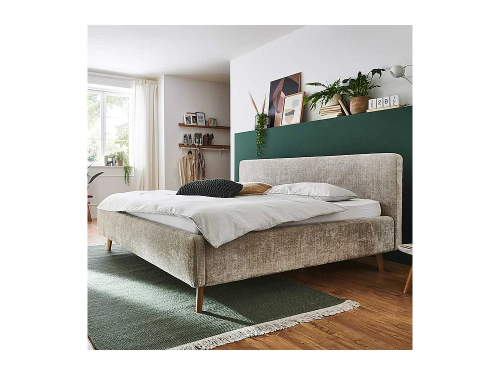 Doppelbettgestell mit Polster in Beige Vierfußgestell aus Holz