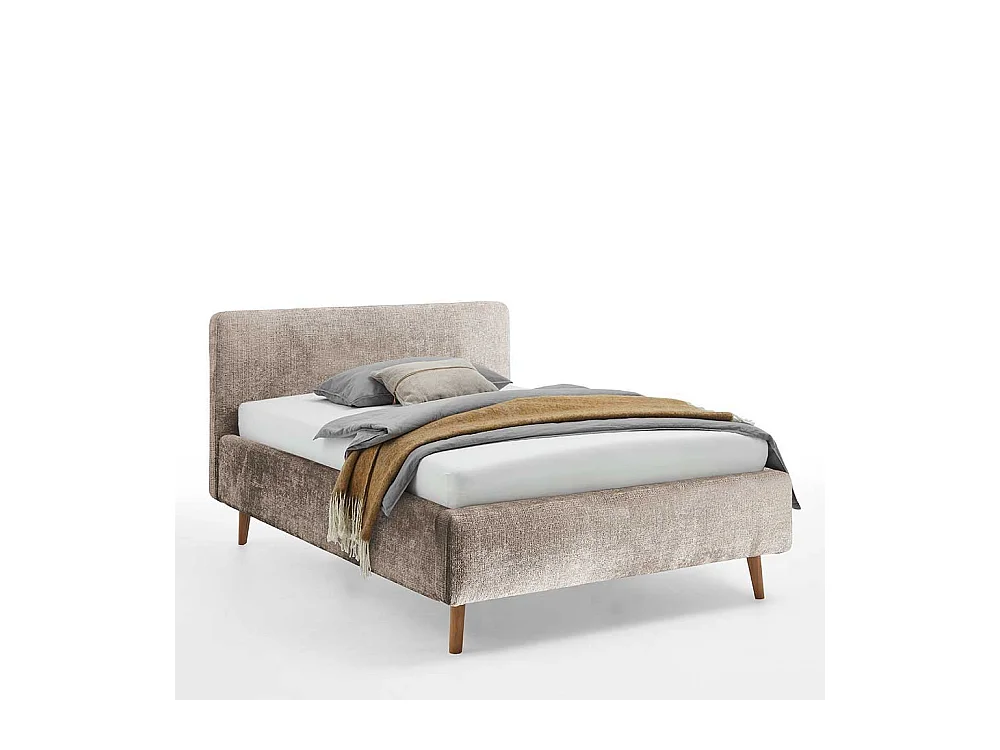 Doppelbettgestell mit Polster in Beige Vierfußgestell aus Holz