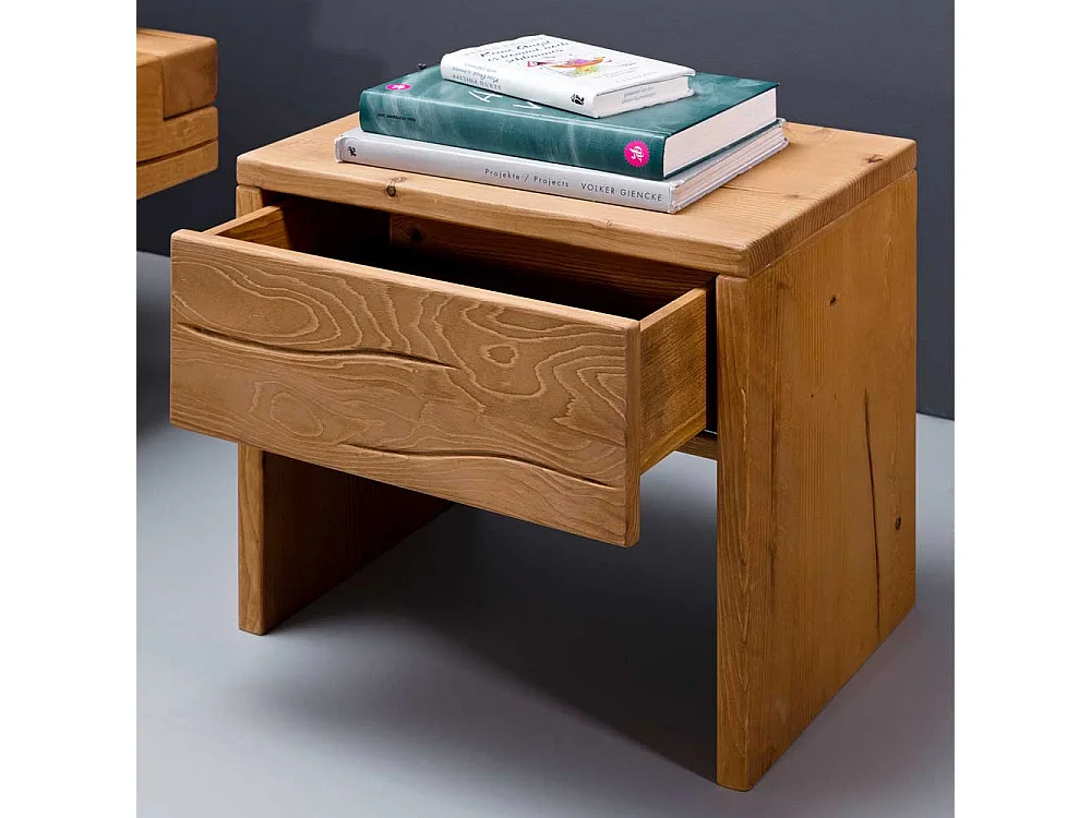 Massivholz Balkenbett mit Nachtkonsolen aus Kiefer Eiche Honigfarben (dreiteilig)