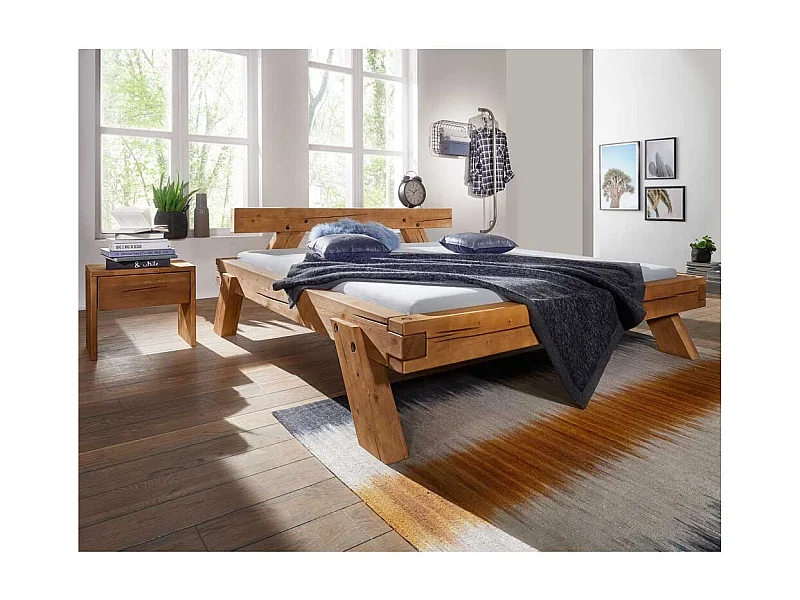 Massivholz Balkenbett mit Nachtkonsolen aus Kiefer Eiche Honigfarben (dreiteilig)