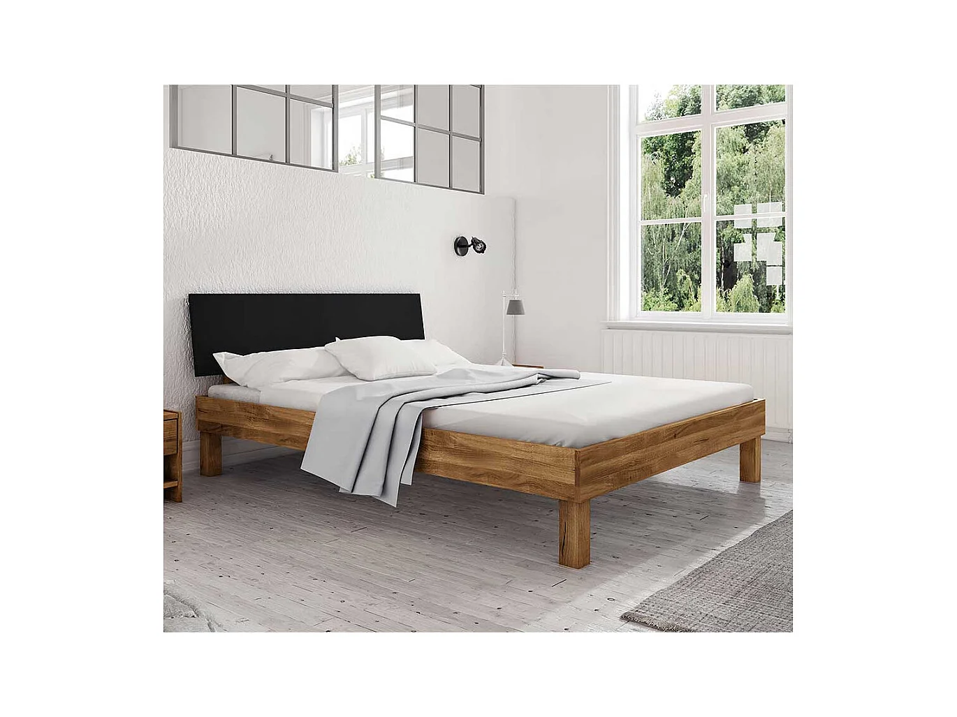 Futonbett aus Wildeiche teilmassiv Webstoff Kopfteil