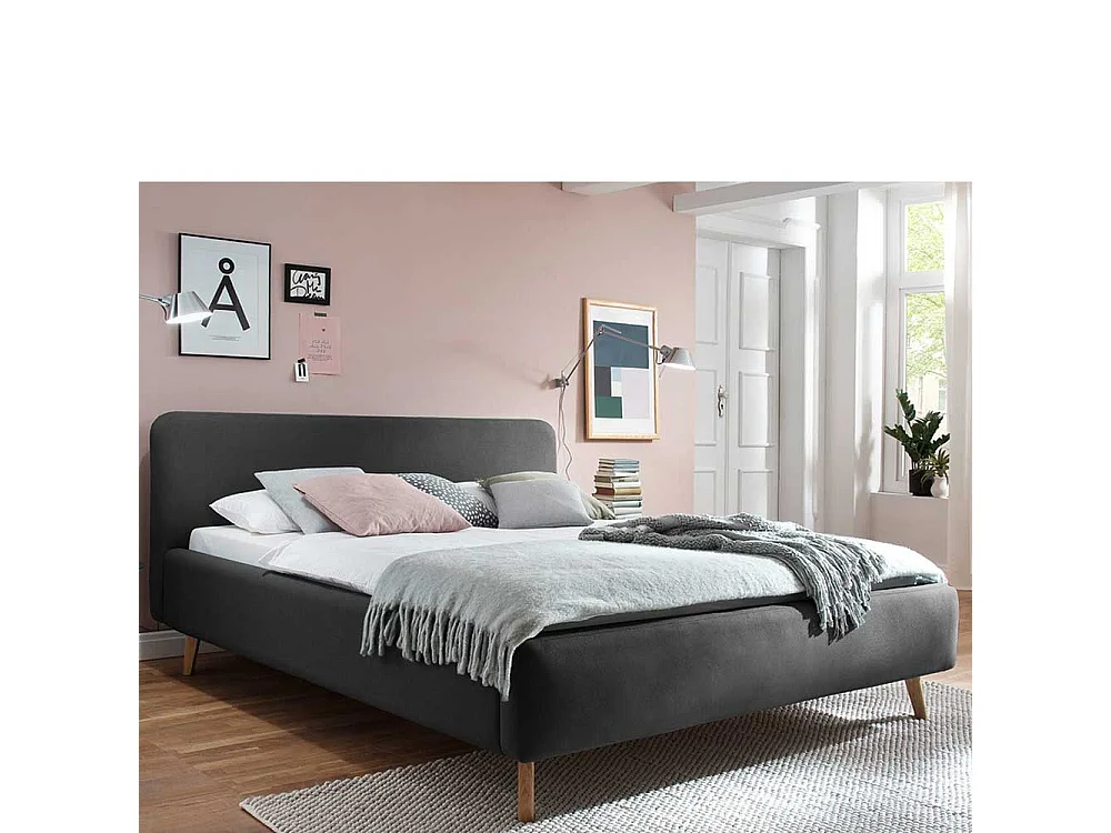 Polsterbettgestell in Anthrazit Webstoff 4-Fuß Gestell aus Massivholz