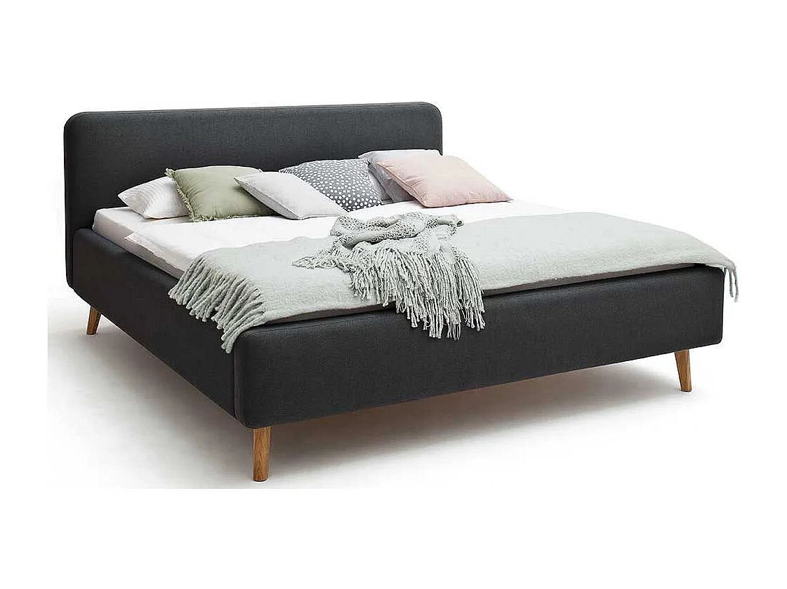Polsterbettgestell in Anthrazit Webstoff 4-Fuß Gestell aus Massivholz