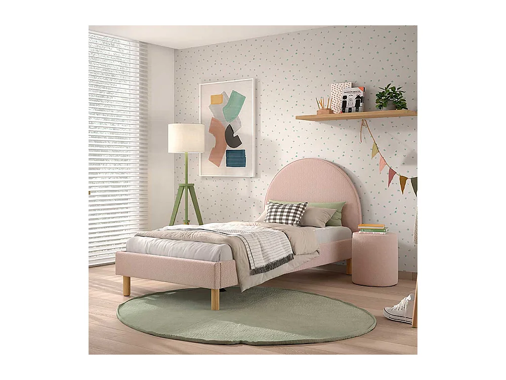 Stoffbett Boucle in Rosa Vierfußgestell aus Holz