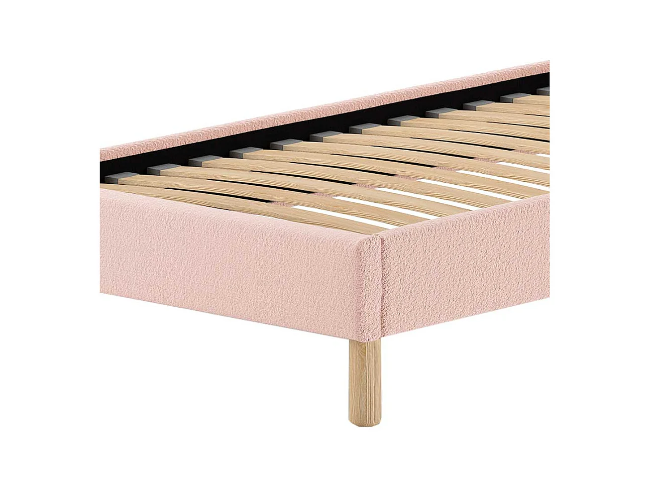 Stoffbett Boucle in Rosa Vierfußgestell aus Holz