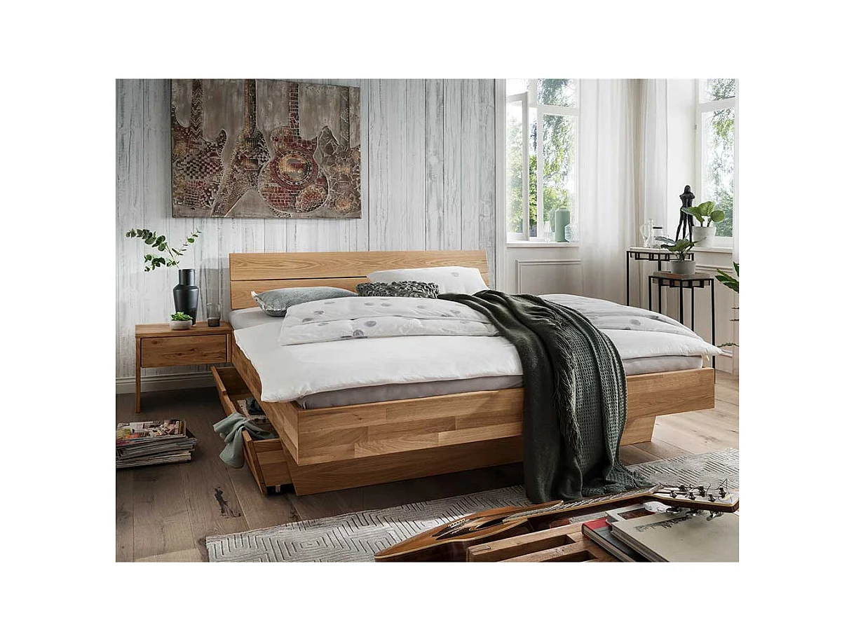 Bett aus Wildeiche Massivholz geölt Schubkasten und Nachtkommoden (dreiteilig)