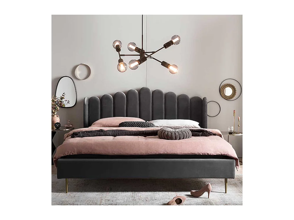 Retro Samtbett in Grau und Gold Vierfußgestell aus Metall