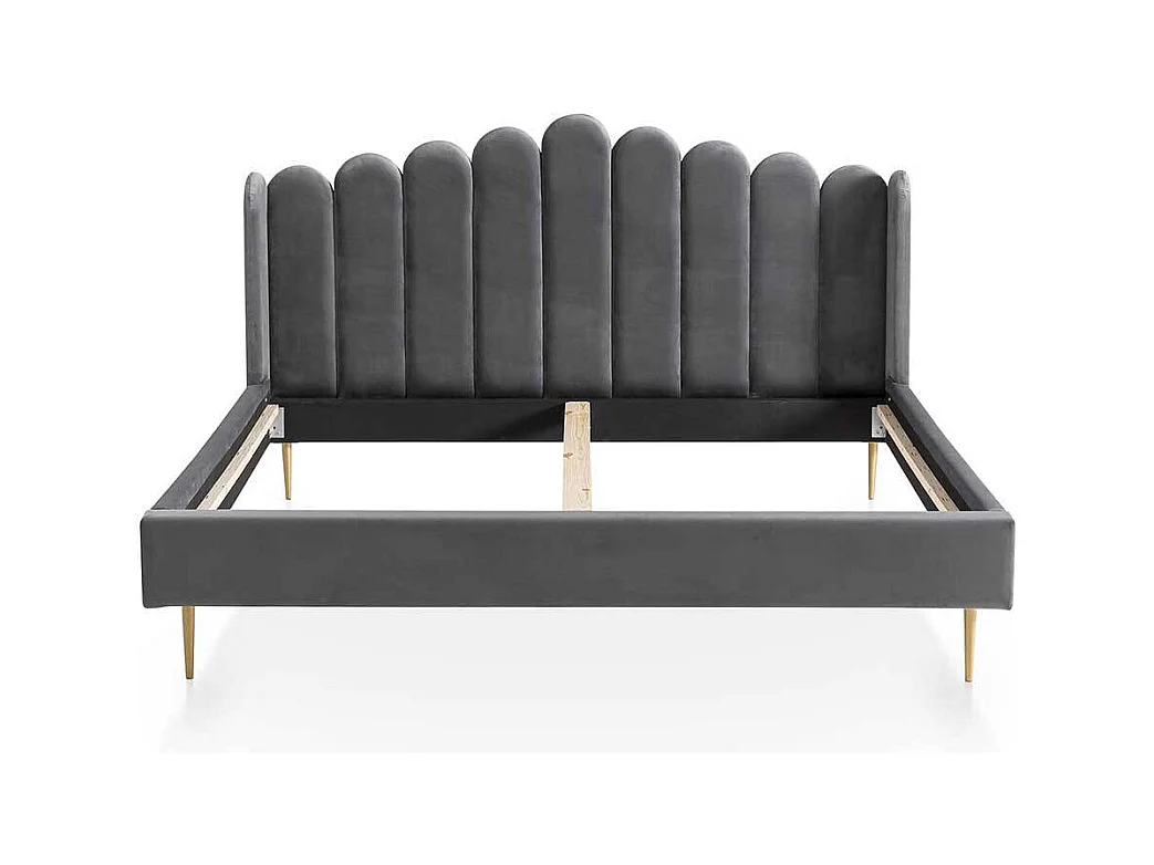 Retro Samtbett in Grau und Gold Vierfußgestell aus Metall