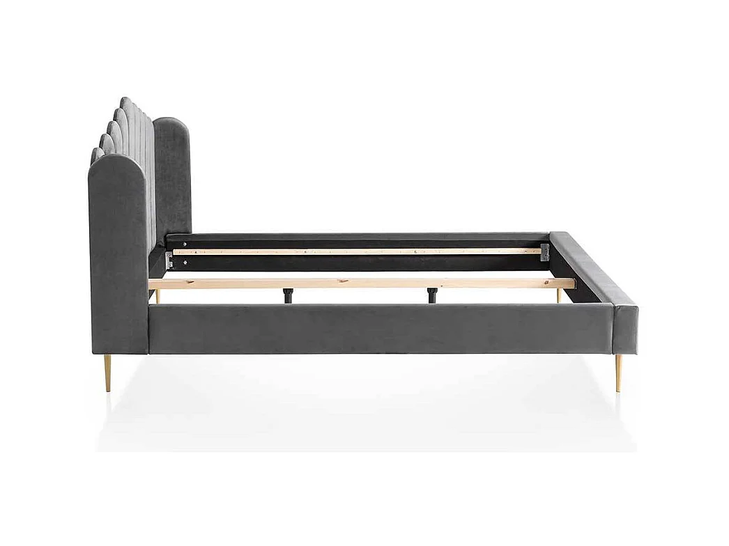 Retro Samtbett in Grau und Gold Vierfußgestell aus Metall