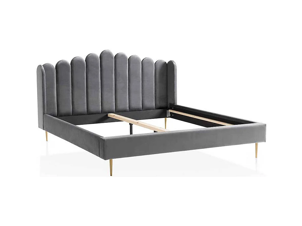 Retro Samtbett in Grau und Gold Vierfußgestell aus Metall
