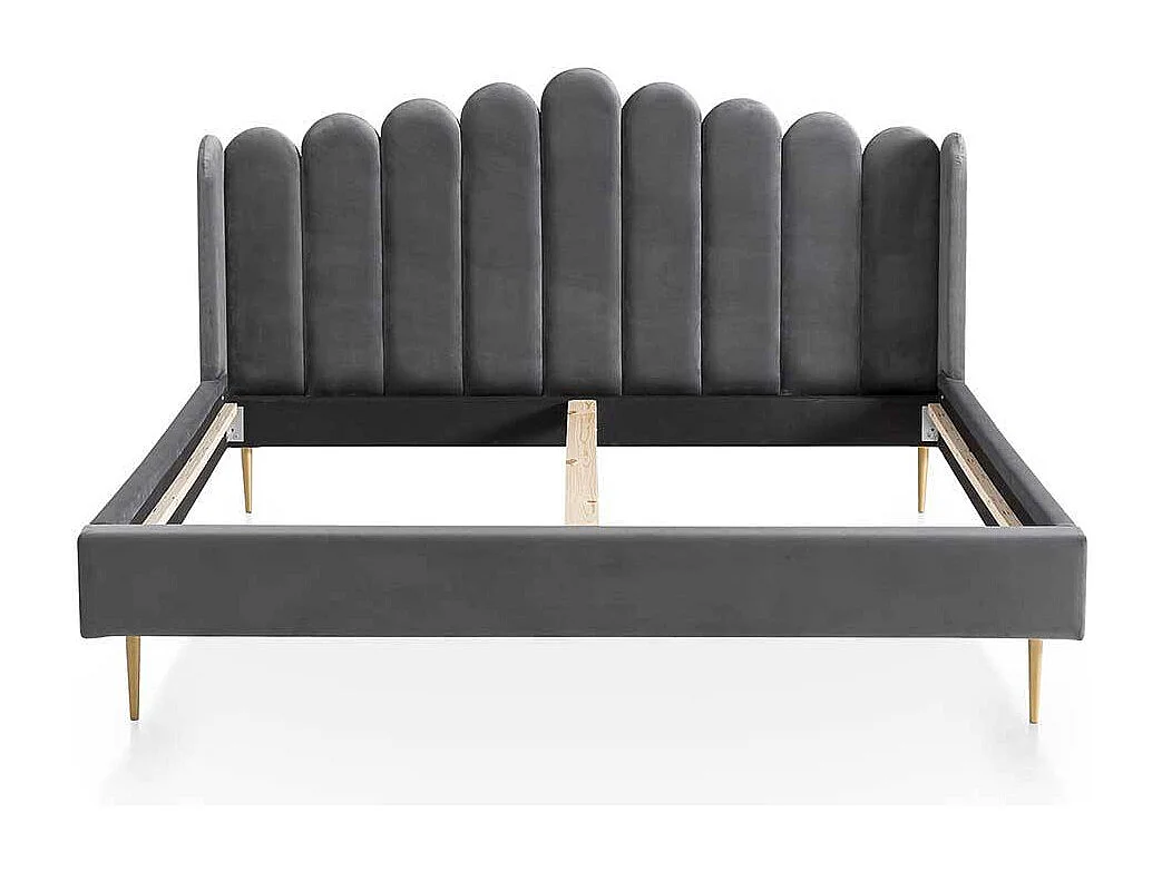 Retro Samtbett in Grau und Gold Vierfußgestell aus Metall