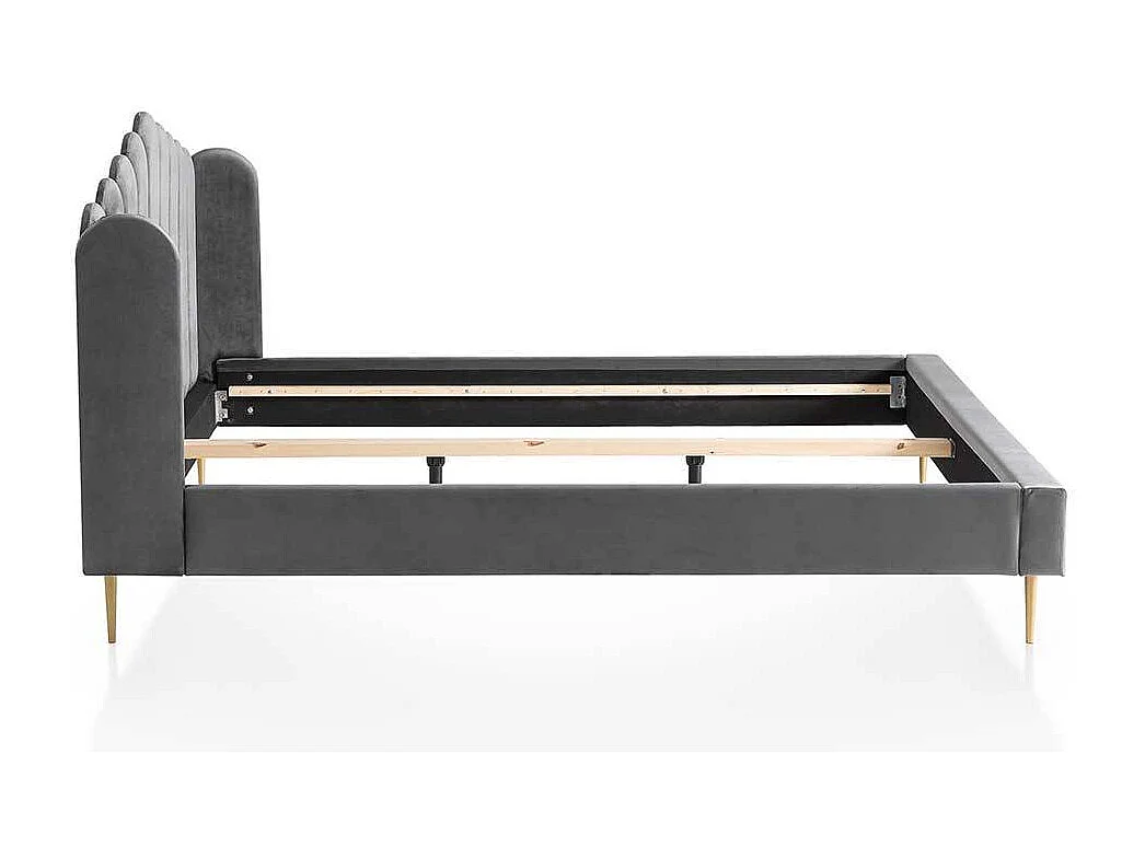 Retro Samtbett in Grau und Gold Vierfußgestell aus Metall