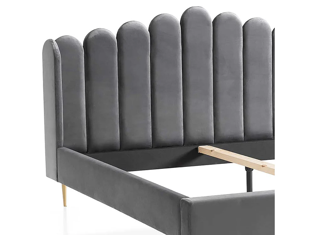 Retro Samtbett in Grau und Gold Vierfußgestell aus Metall