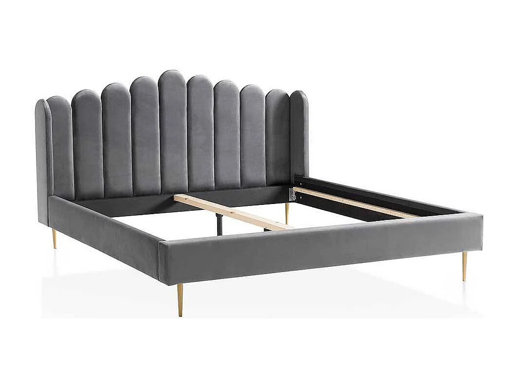 Retro Samtbett in Grau und Gold Vierfußgestell aus Metall