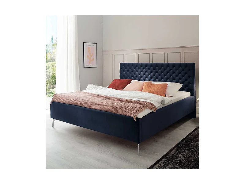 Komfortbett Stoff Blau aus Samt Gestell Metall Chrom