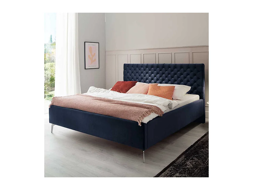 Komfortbett Stoff Blau aus Samt Gestell Metall Chrom