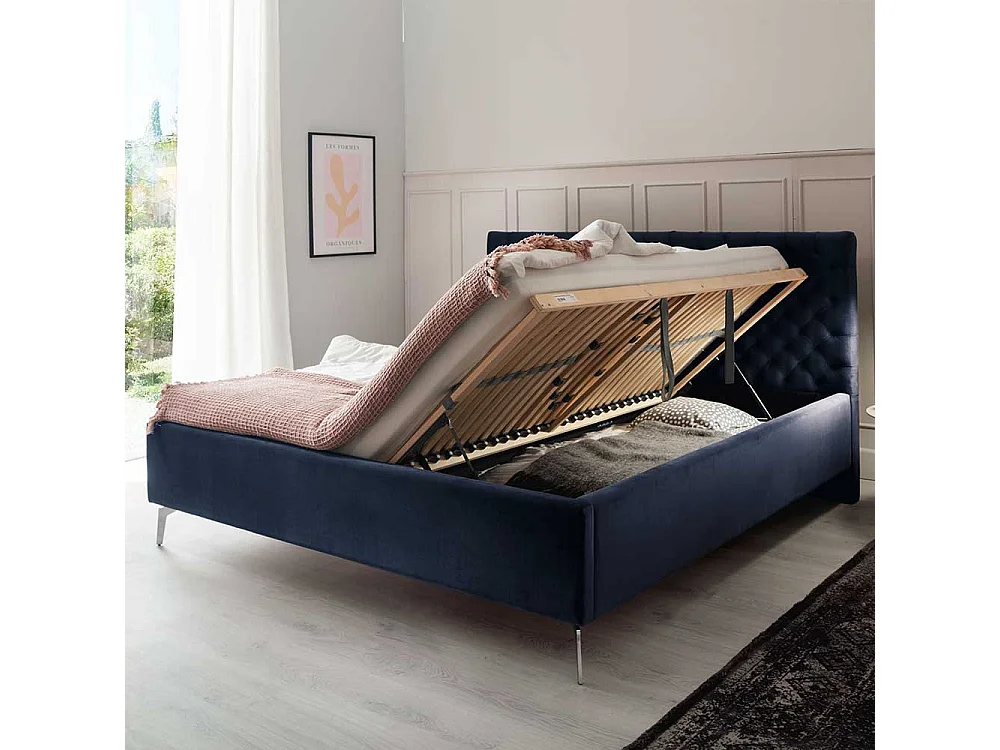 Komfortbett Stoff Blau aus Samt Gestell Metall Chrom