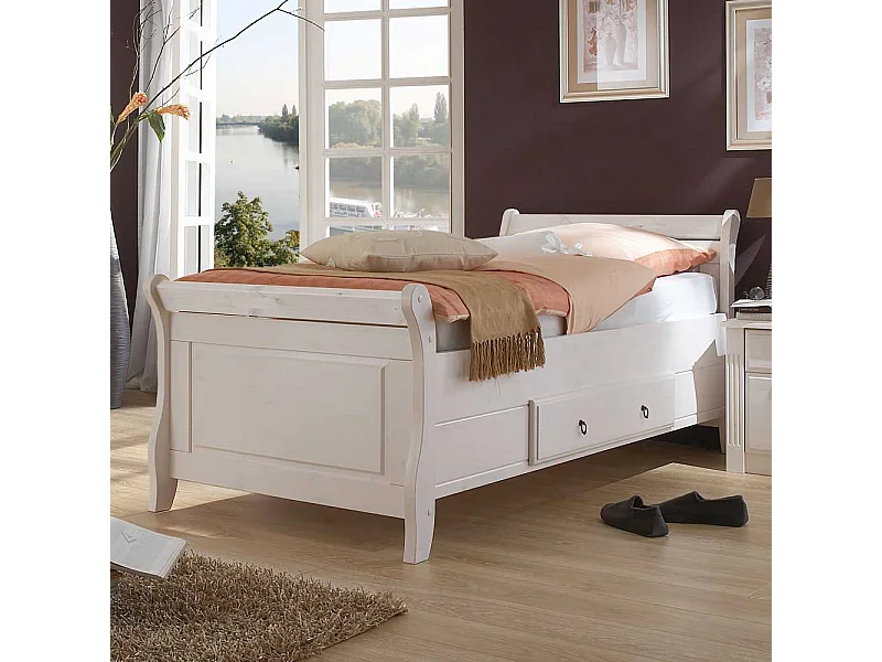 Landhaus Bett in Weiß Kiefer teilmassiv