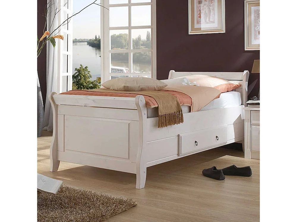 Landhaus Bett in Weiß Kiefer teilmassiv