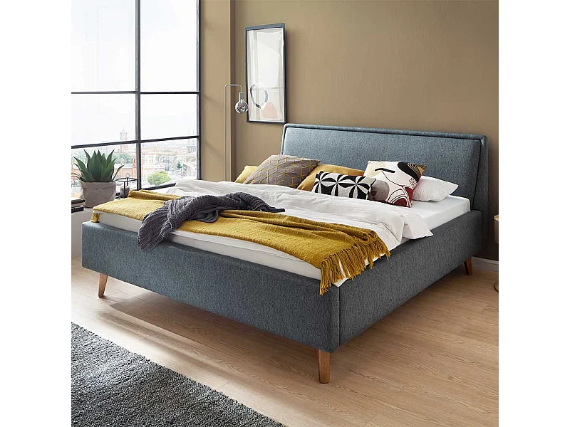 Skandi Polster Bett in Blaugrau Eichefarben