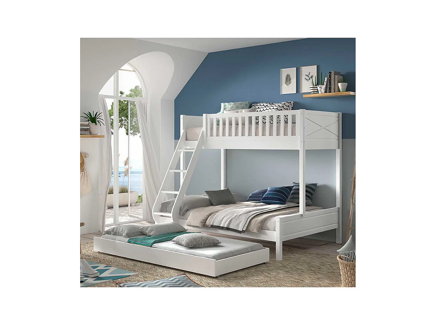 Hohes Etagenbett weiss im Skandi Design inklusive Bettkasten