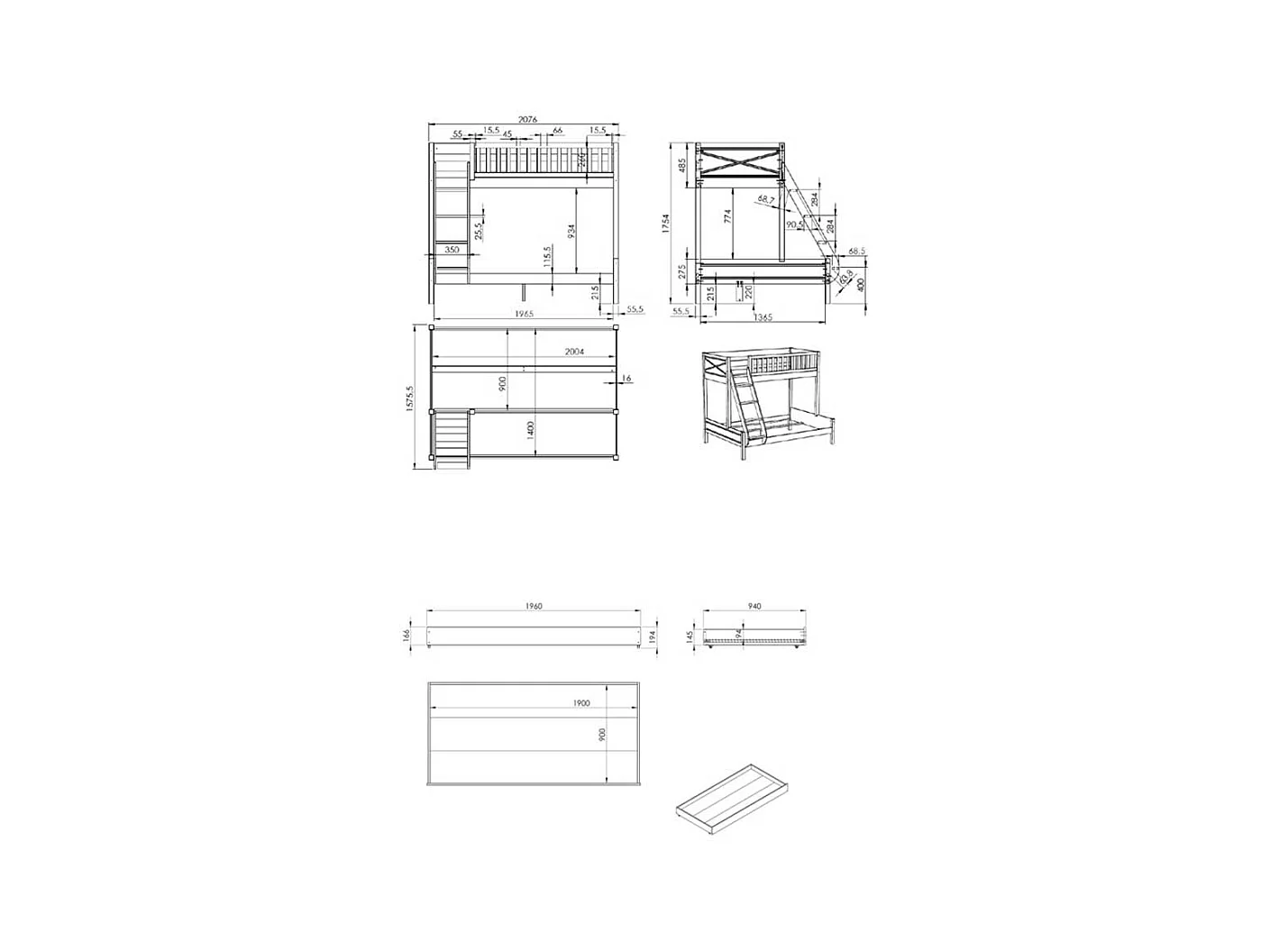Hohes Etagenbett weiss im Skandi Design inklusive Bettkasten