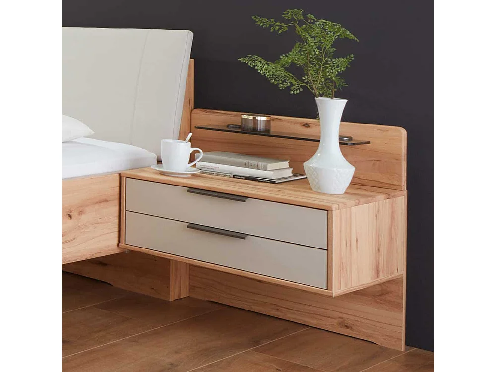 Bettgestell aus Kernbuche Massivholz Kunstleder in Beige (dreiteilig)