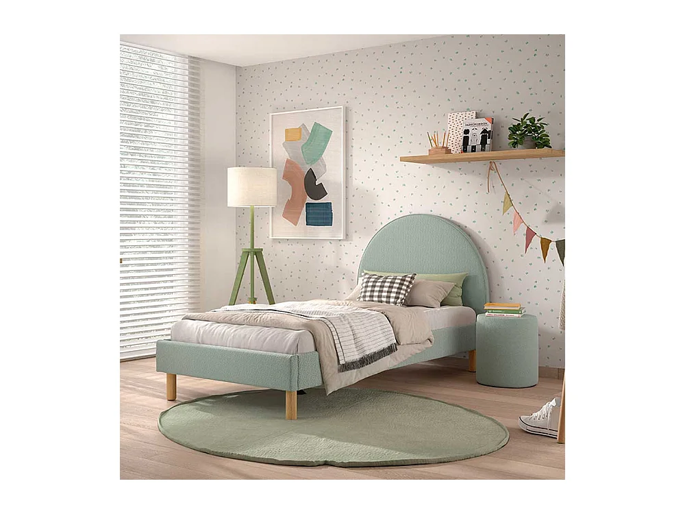 Polsterbett 90x200 cm in Grün Boucle Vierfußgestell aus Holz