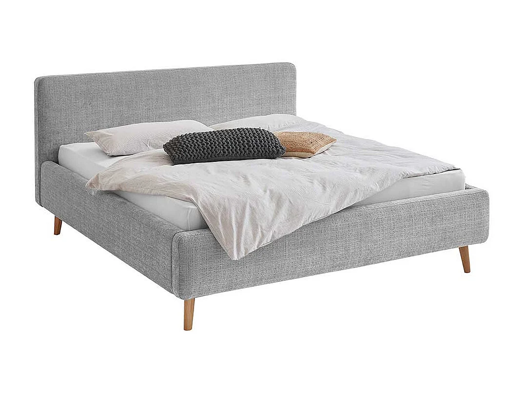 Doppeltbett Grau modern aus Boucle Stoff Eiche Massivholz