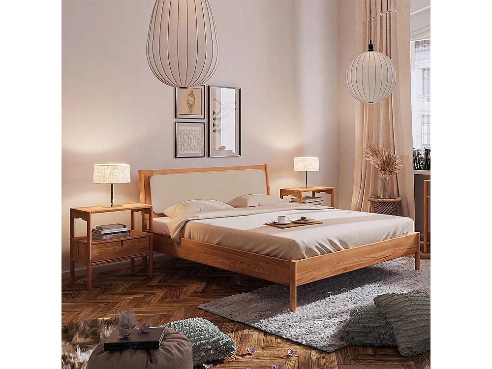 Wildbuche Holzbett mit Polster 38 cm Einstiegshöhe wahlweise mit Nachttisch