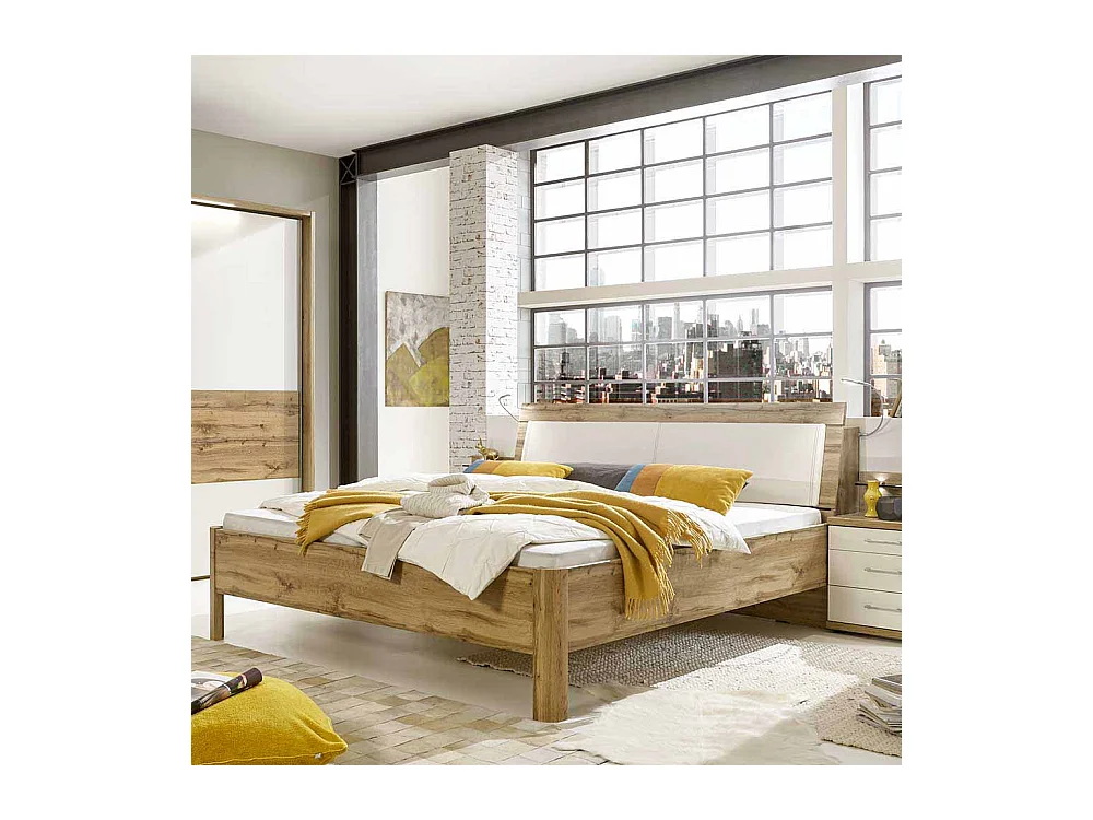 Bett in Eiche Wei� Polsterkopfteil