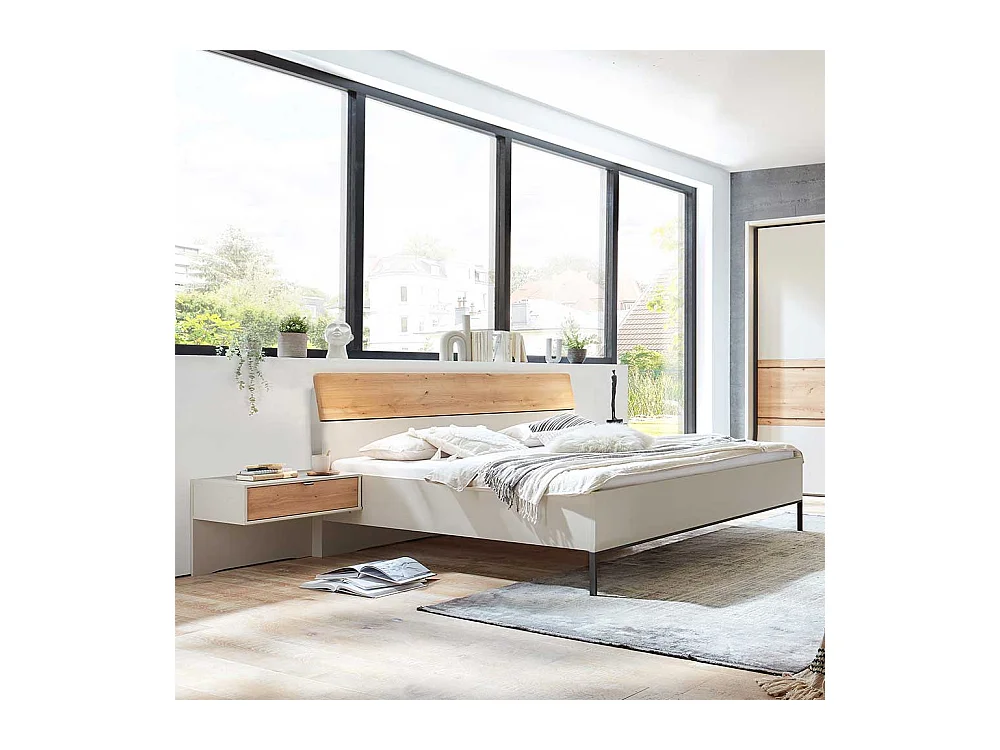 180er Doppel Bett in modernem Design Eiche Bianco und Beige
