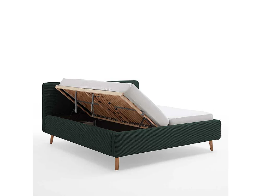 Dunkelgrünes Polsterbett mit Cordbezug Vierfußgestell aus Holz