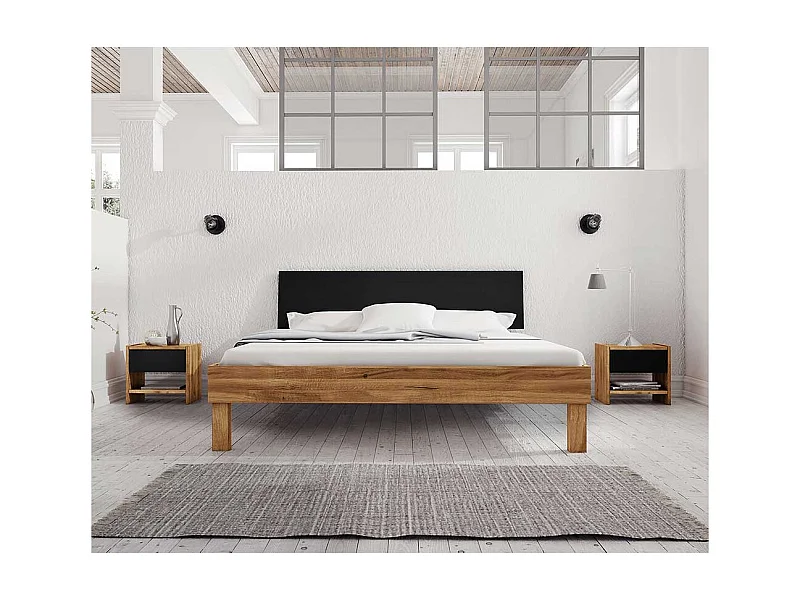 Doppelbett aus Wildeiche teilmassiv zwei Nachtkommoden (dreiteilig)