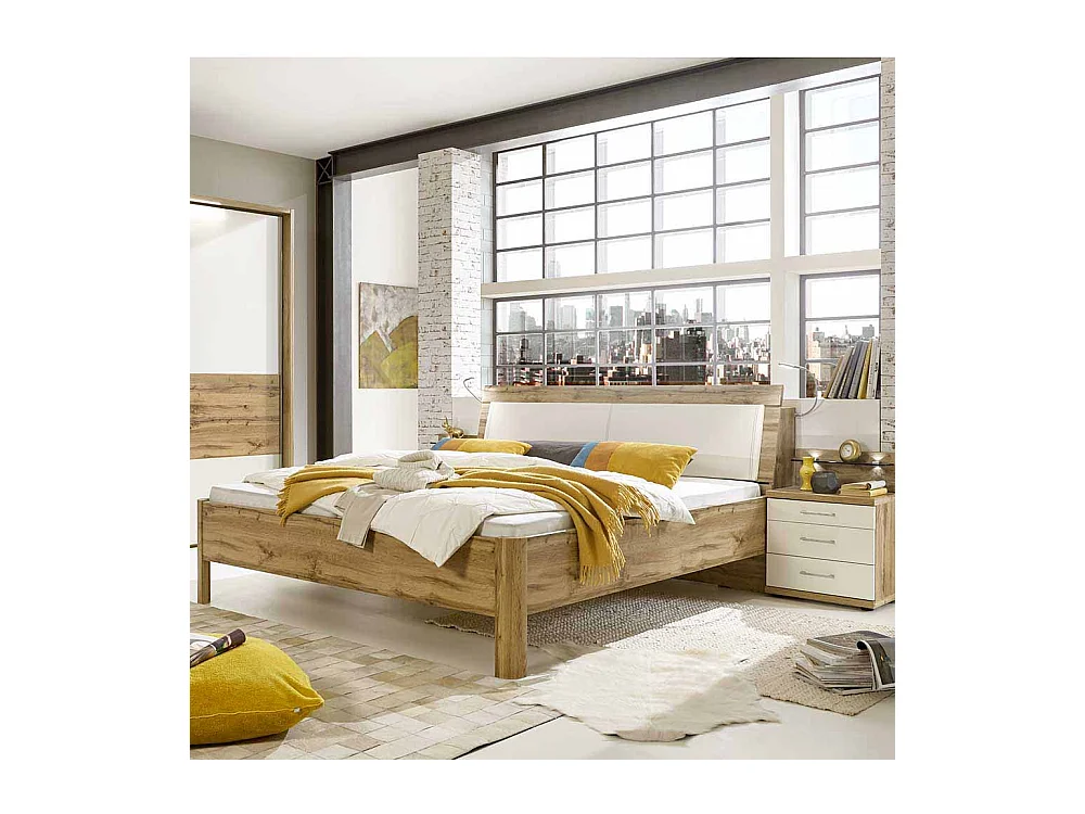 Komfortbett in Eiche Weiß Nachtkommoden (dreiteilig)