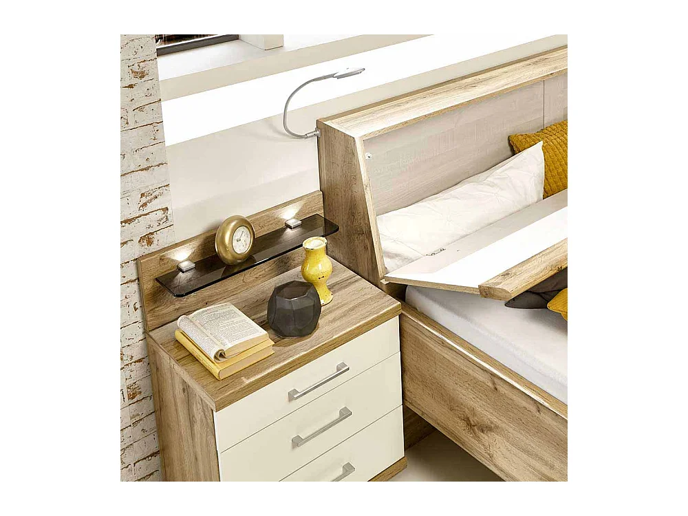 Komfortbett in Eiche Weiß Nachtkommoden (dreiteilig)
