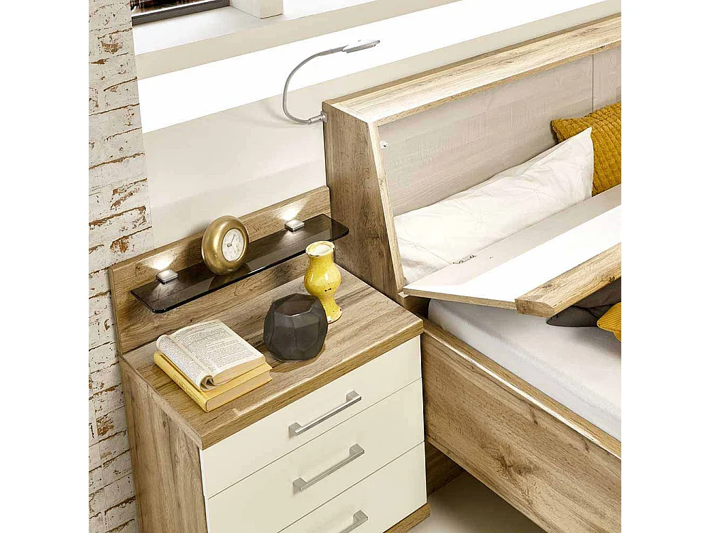 Komfortbett in Eiche Weiß Nachtkommoden (dreiteilig)