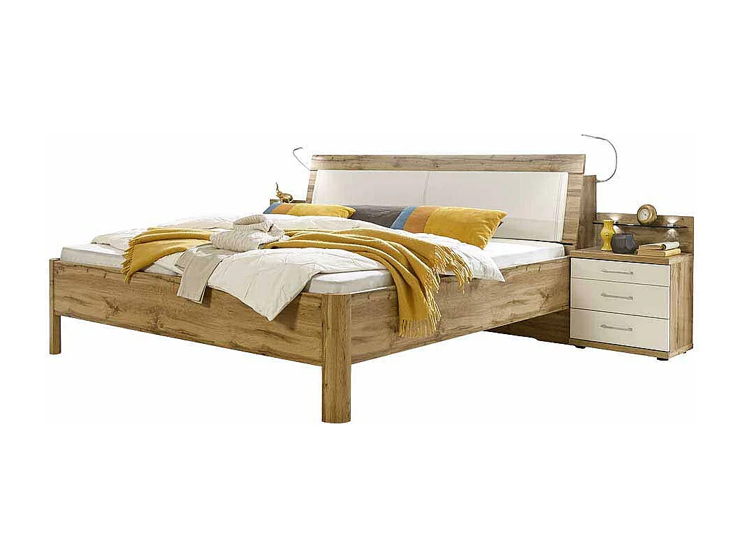 Komfortbett in Eiche Weiß Nachtkommoden (dreiteilig)