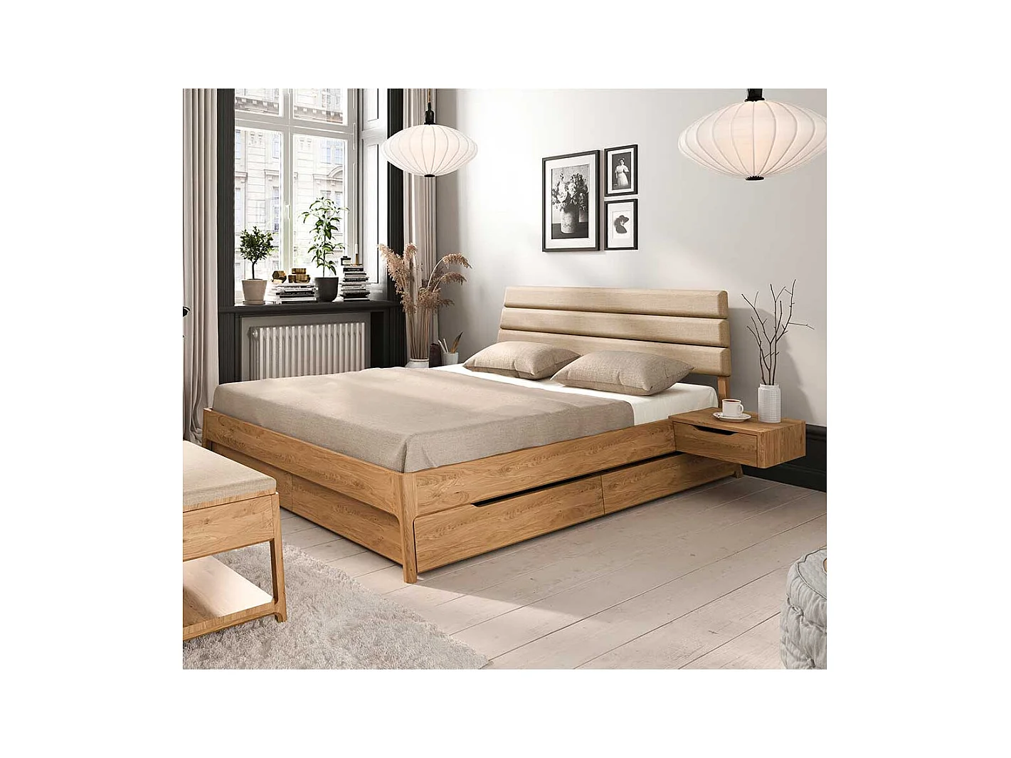 Bett aus Wildeiche Massivholz Webstoff (dreiteilig)