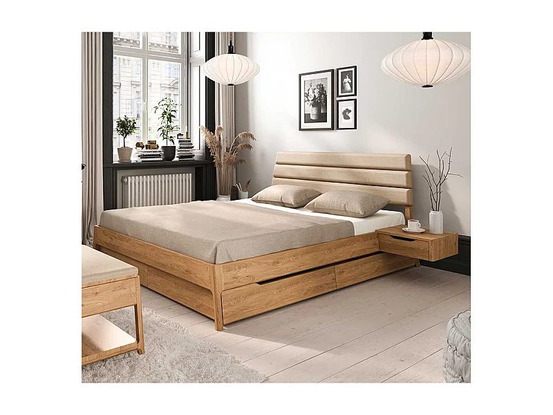 Bett aus Wildeiche Massivholz Webstoff (dreiteilig)