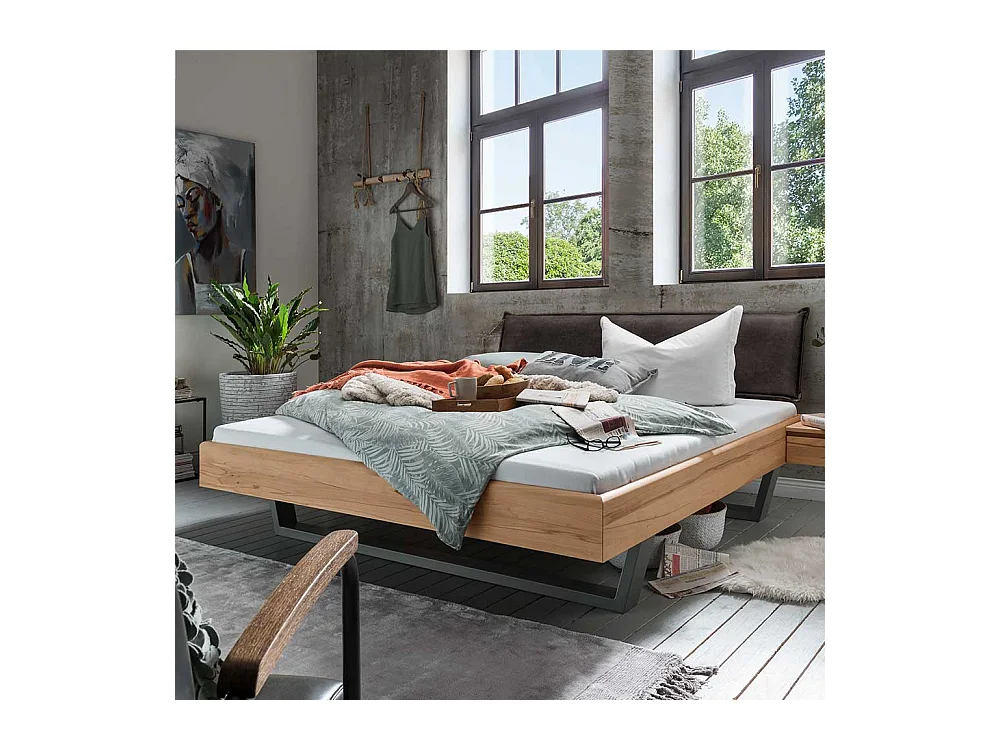 Doppel Bett aus Kernbuche Massivholz und Metall Polster Kopfteil