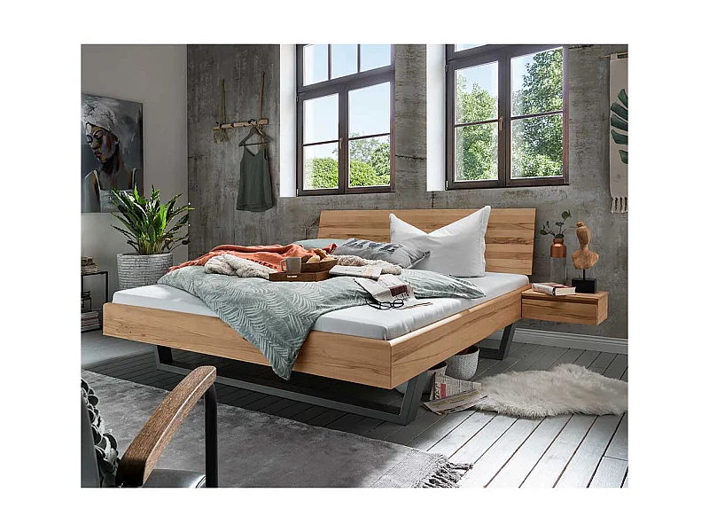 Metallkufenbett aus Kernbuche Massivholz zwei Nachtkommoden (dreiteilig)