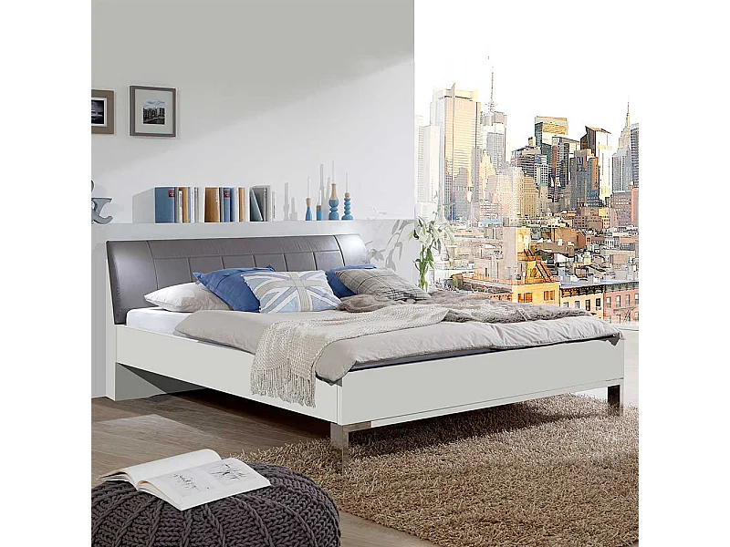 Bett in Polsterkopfteil in Grau Braun LED Beleuchtung