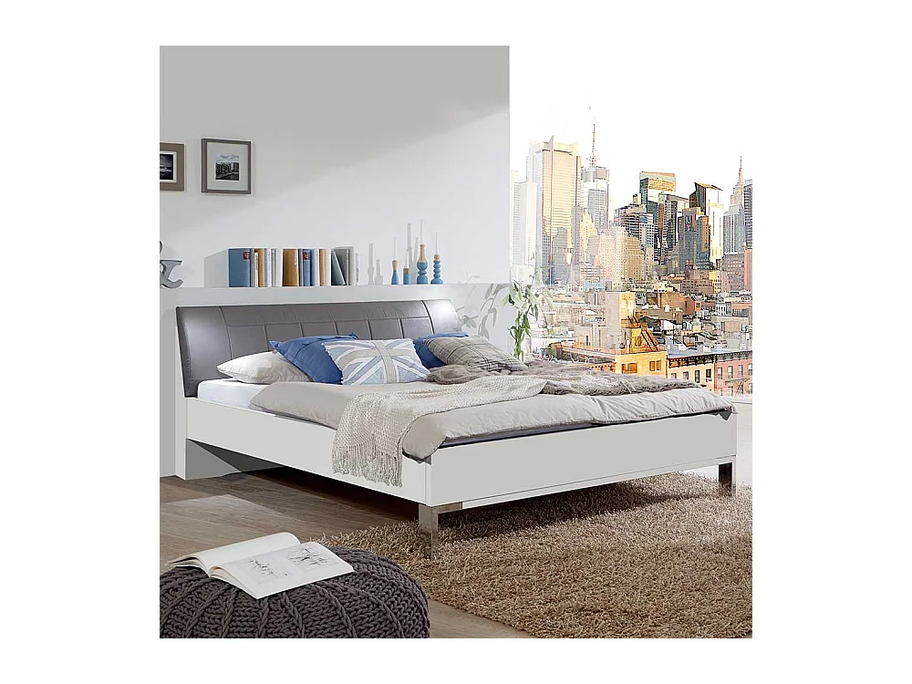 Bett in Polsterkopfteil in Grau Braun LED Beleuchtung