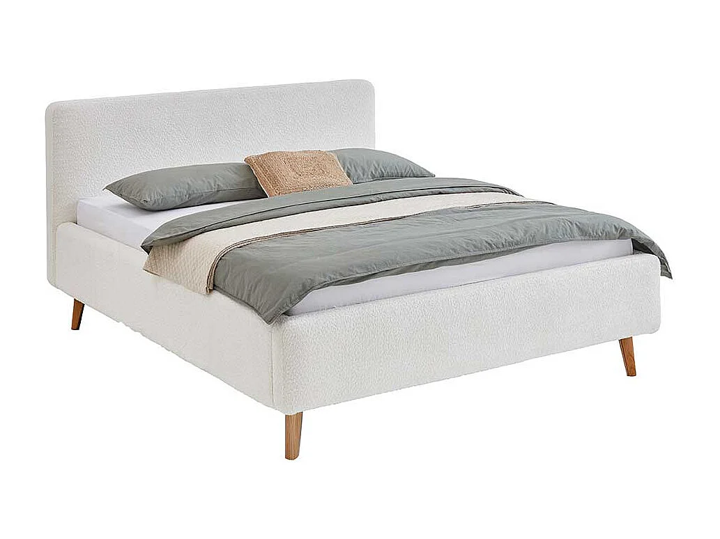 Polsterbett Skandi Stil in Cremefarben Vierfußgestell aus Eiche
