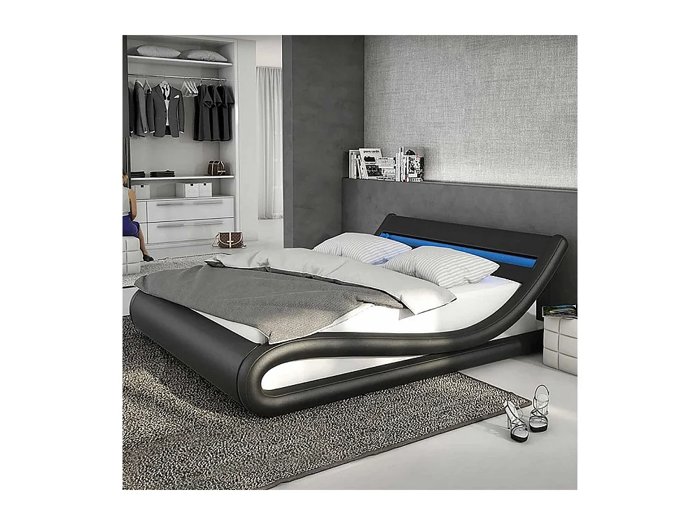Design Polsterbett in Schwarz und Wei� Kunstleder LED Beleuchtung
