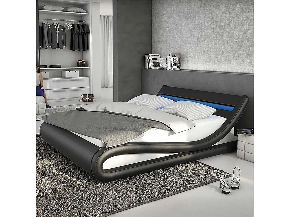 Design Polsterbett in Schwarz und Weiß Kunstleder LED Beleuchtung