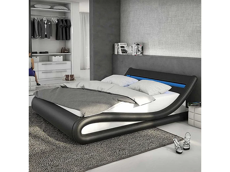 Design Polsterbett in Schwarz und Weiß Kunstleder LED Beleuchtung
