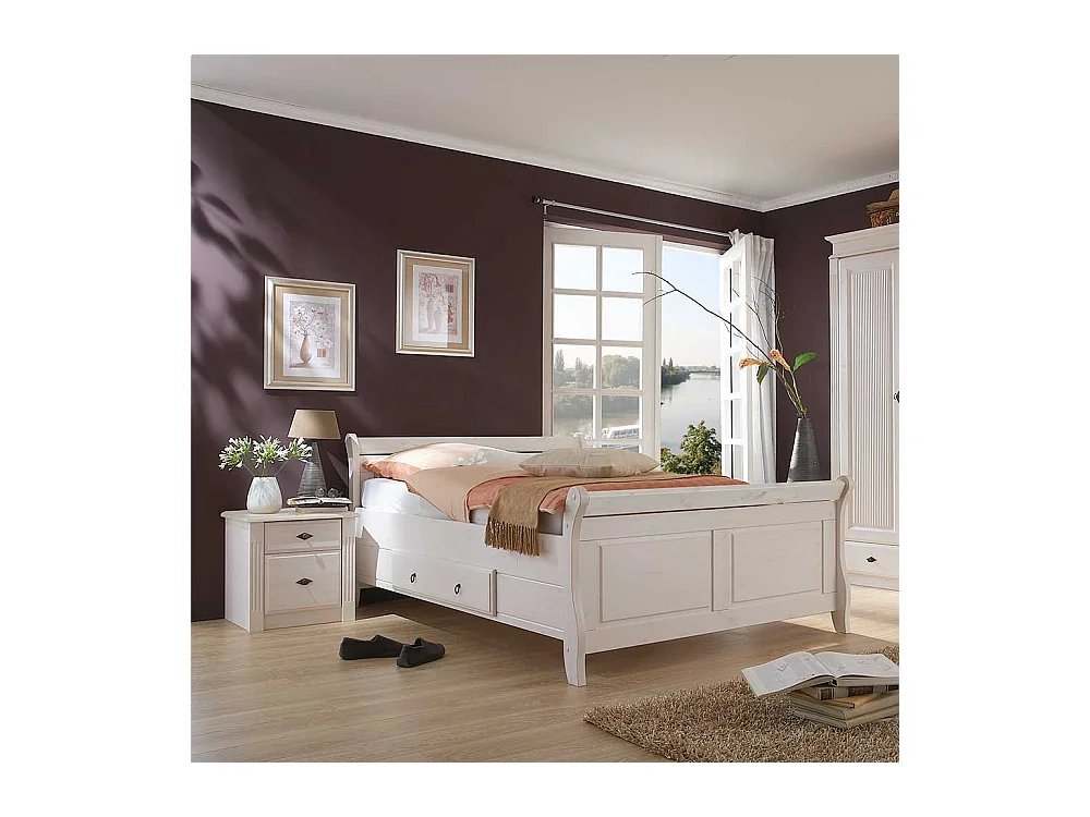 Landhaus Doppelbett in Weiß Kiefer massiv Nachtkonsolen (dreiteilig)