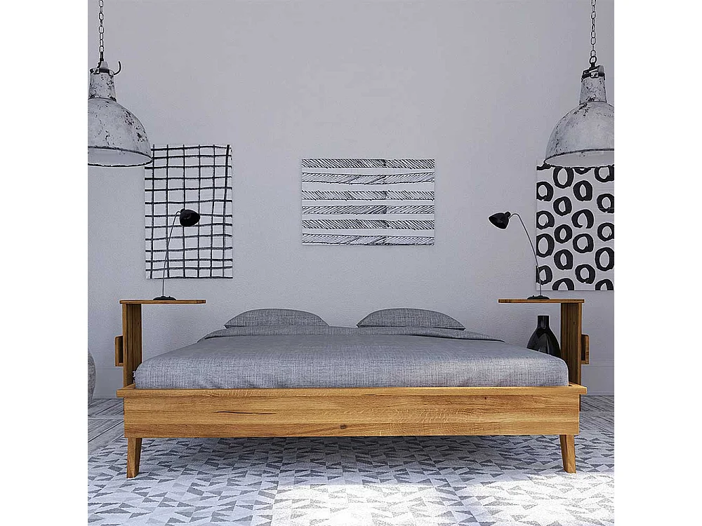 Retro Bett aus Wildeiche Massivholz Kopfteil (dreiteilig)